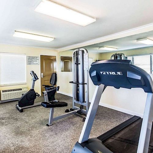 This image shows a small gym with a treadmill, a stationary bike, a weight machine, and a TV on the wall.