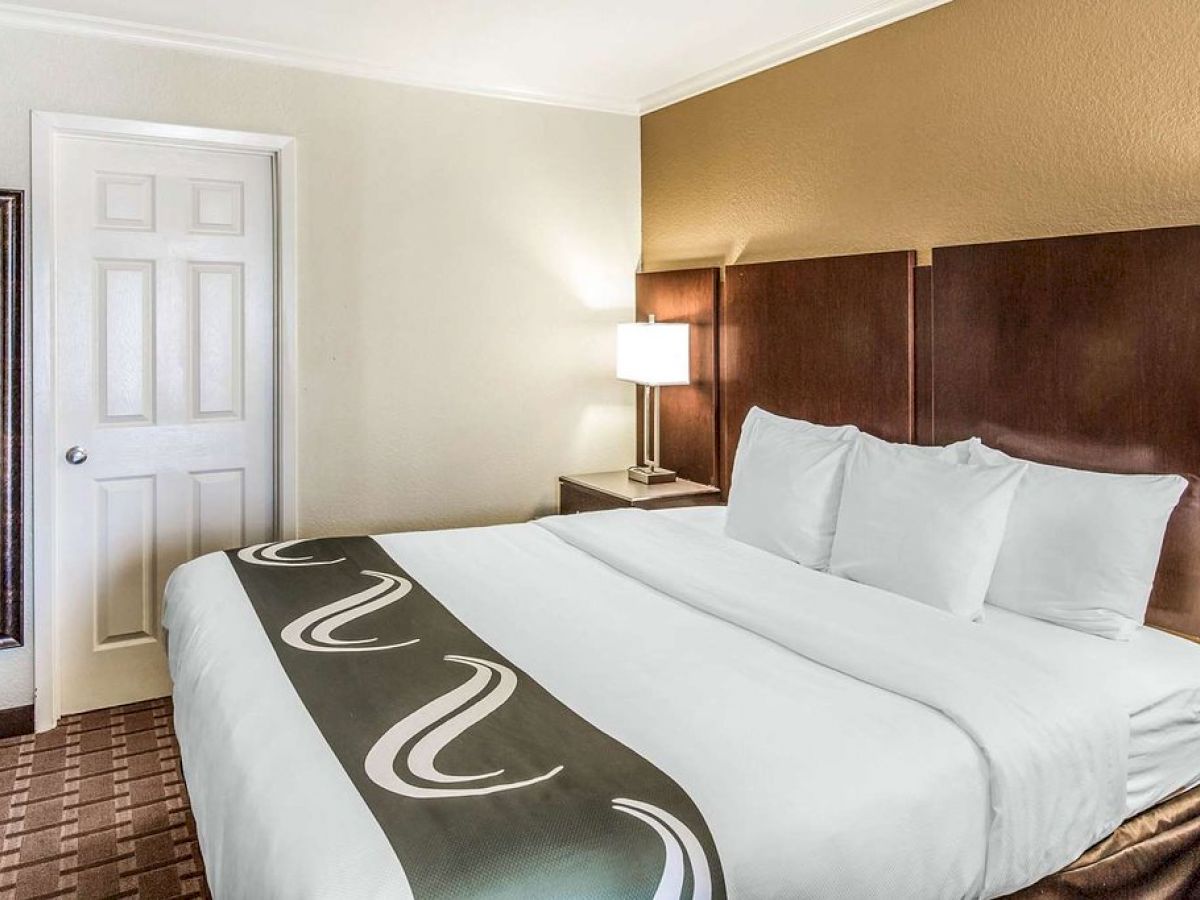 A hotel room features a neatly made bed with white linens, brown headboard, a bedside table with a lamp, and a door leading to another room.